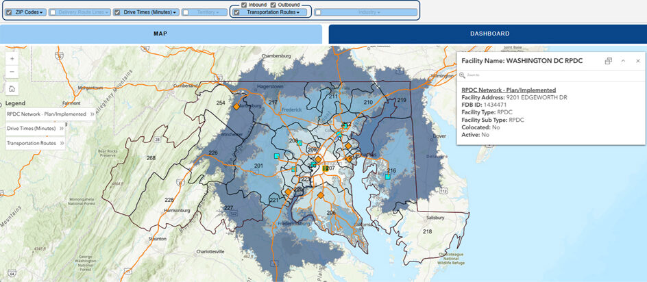 A map of the Eastern United States showing various USPS processing facilities and transportation routes