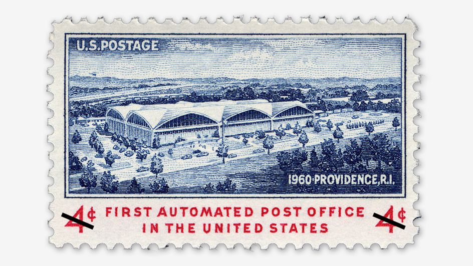 A stamp depicting an illustration of a mid-century Post Office building