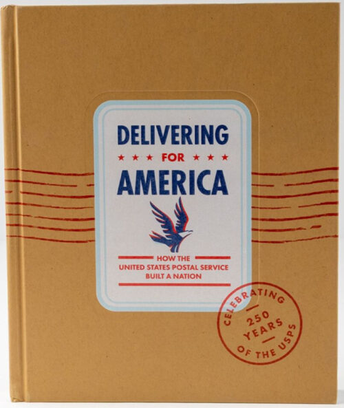 A book cover that shows the Postal Service’s 250th anniversary eagle in flight symbol. The text on the cover resembled a postmark cancellation.