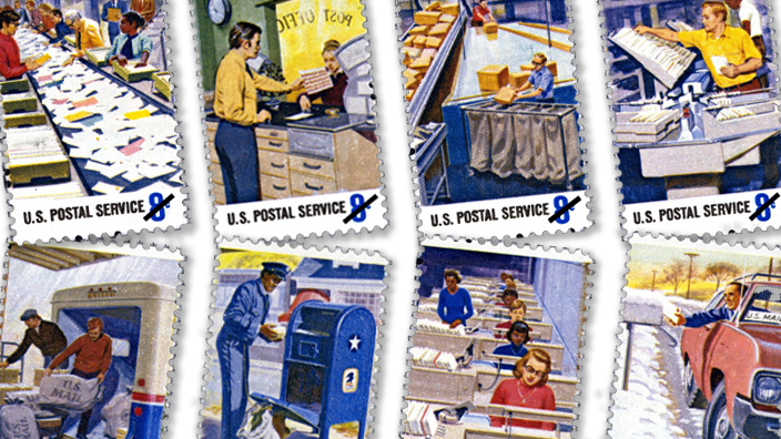 A collection of stamps featuring 1970s illustrations of people performing a variety of postal-related jobs