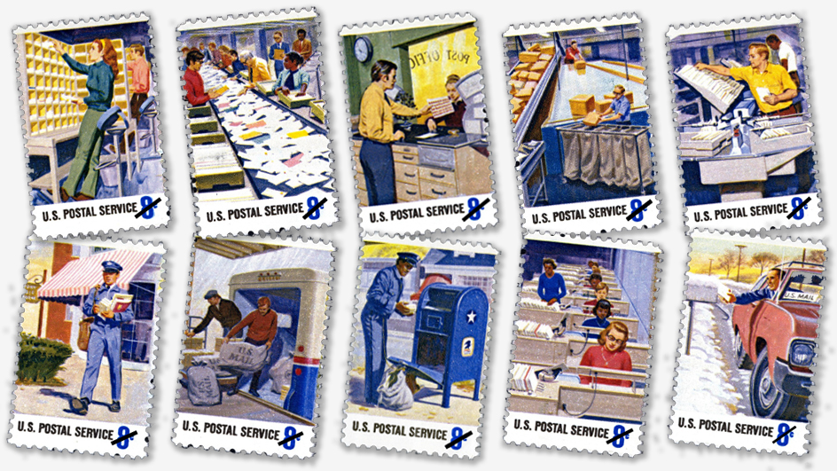 A collection of stamps featuring 1970s illustrations of people performing a variety of postal-related jobs