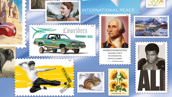 A collage of U.S. postage stamps bearing images of icons such as Muhammad Ali, Bruce Lee, George Washington, a bald eagle and classic American automobiles