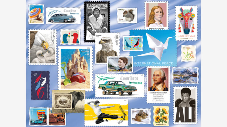 A collage of U.S. postage stamps bearing images of icons such as Muhammad Ali, Bruce Lee, George Washington, a bald eagle and classic American automobiles