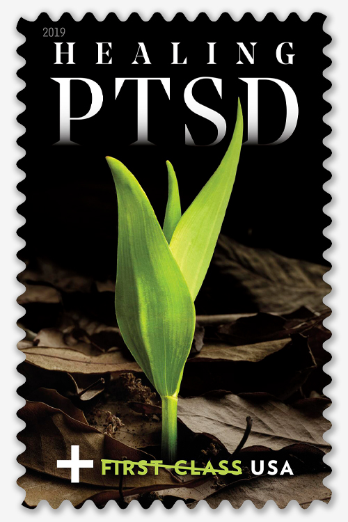 A stamp with a green plant breaking through a bed of dead, brown leaves.
