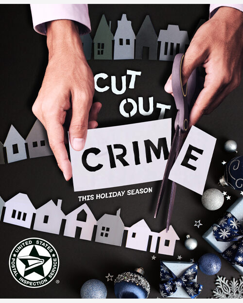 A graphic that shows a pair of hands holding scissors and cutting the words “Cut Out Crime”