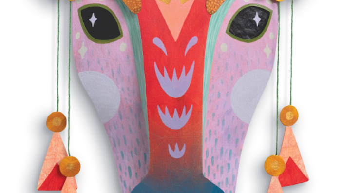 A stamp that shows an elaborate horse mask made of paper