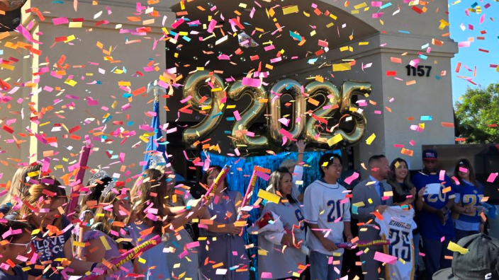 Colorful confetti outside a Post Office building