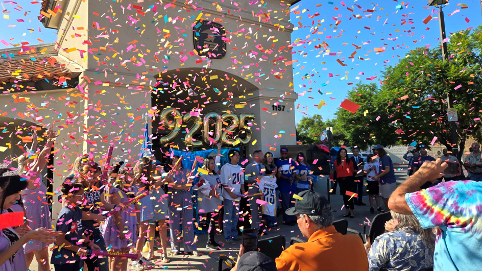 Colorful confetti outside a Post Office building