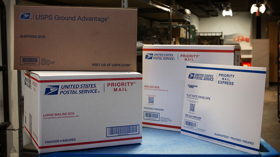 An array of USPS-branded shipping boxes