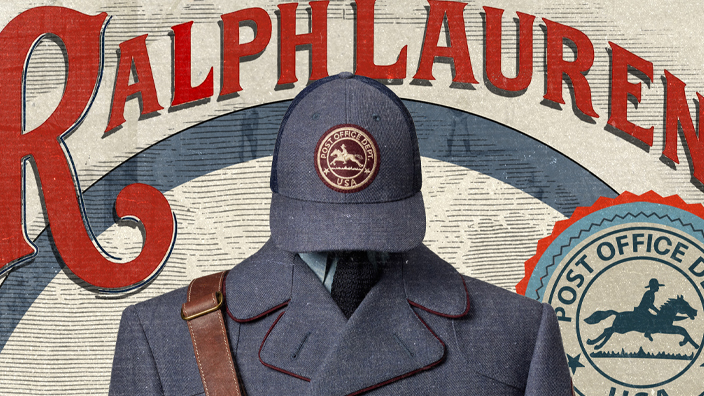 A graphic displaying a coat, cap and satchel inspired by vintage postal uniforms