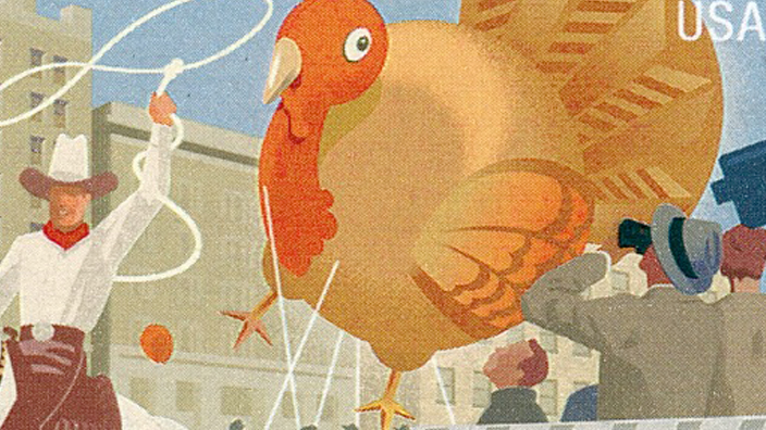 A stamp depicting an illustration of a Thanksgiving parade along a city street