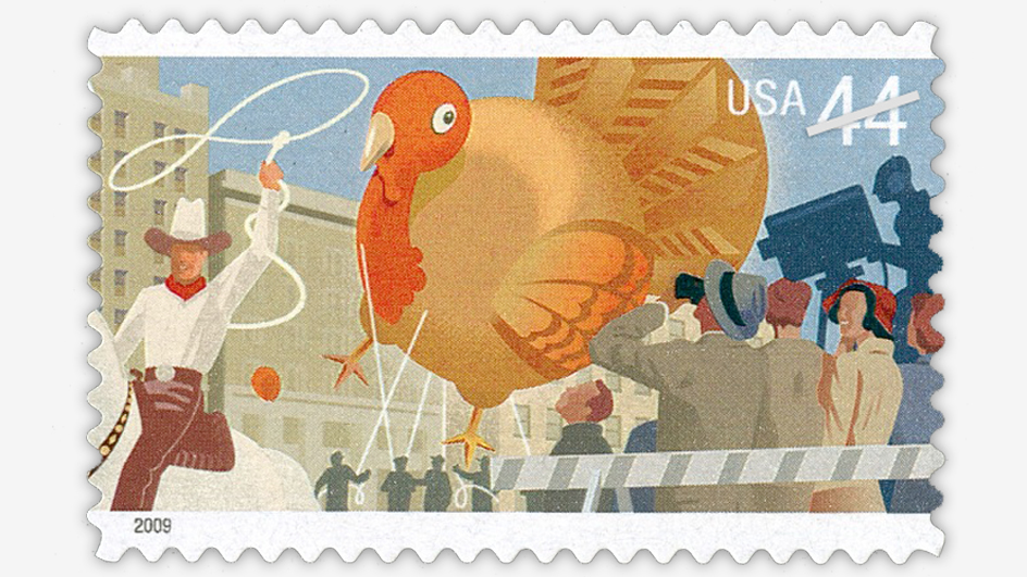 A stamp depicting an illustration of a Thanksgiving parade along a city street