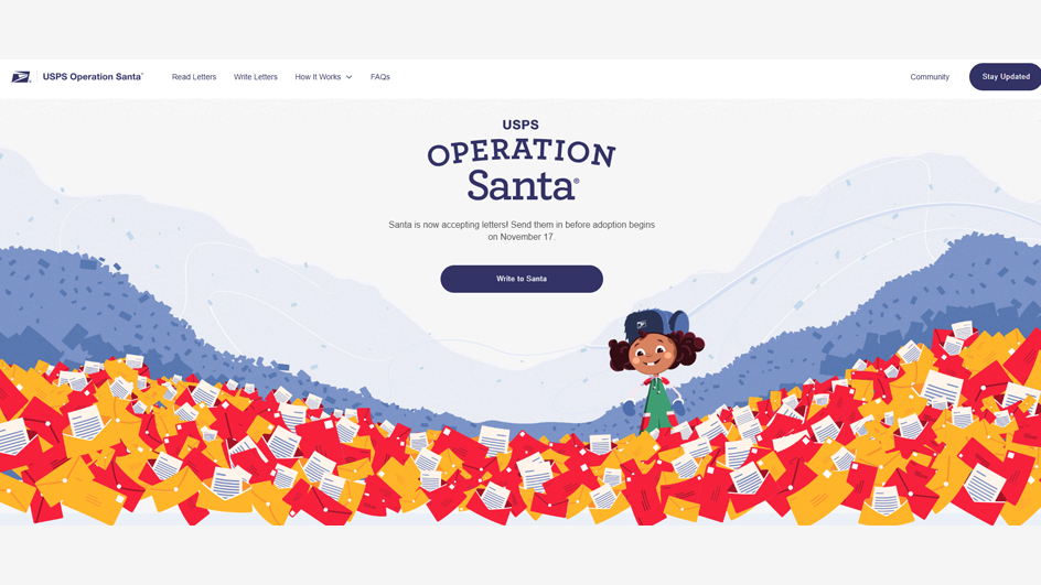 A USPS Operation Santa website screengrab that displays colorful holiday imagery