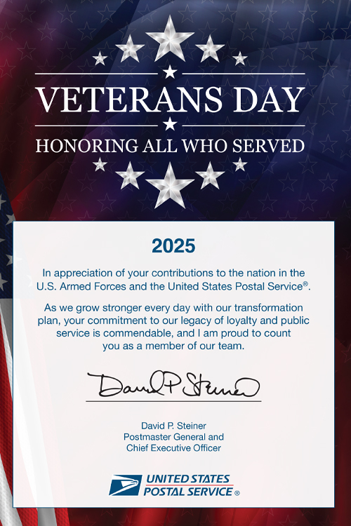 A certificate of appreciation that features red, white and blue colors and bears the USPS logo and signature of Postmaster General David Steiner