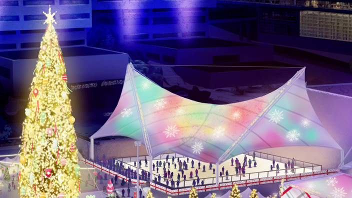 An artist’s rendering of an outdoor event with bright lights and multiple tents