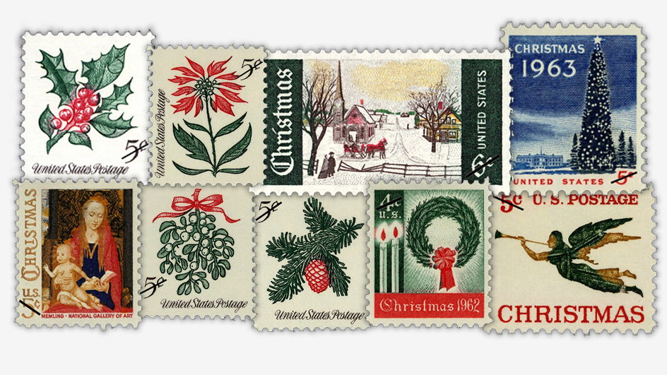 A collage of vintage postage stamps with holiday themes
