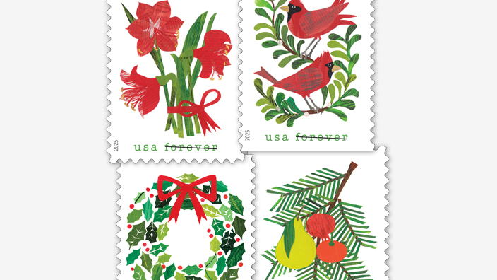 Four stamps with festive holiday imagery
