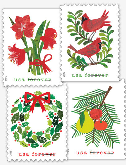 Four stamps with festive holiday imagery
