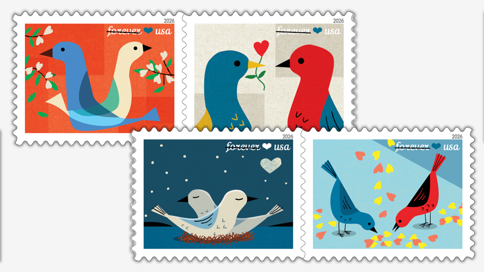 Four stamps featuring colorful drawings of birds and hearts.