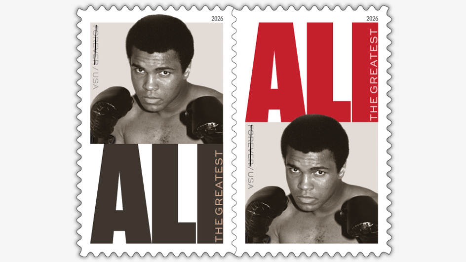Two stamps bearing Muhammad Ali’s image