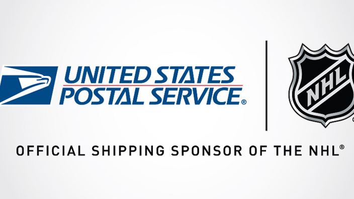 An image of the USPS logo beside the NHL logo with text “Official shipping sponsor of the NHL”