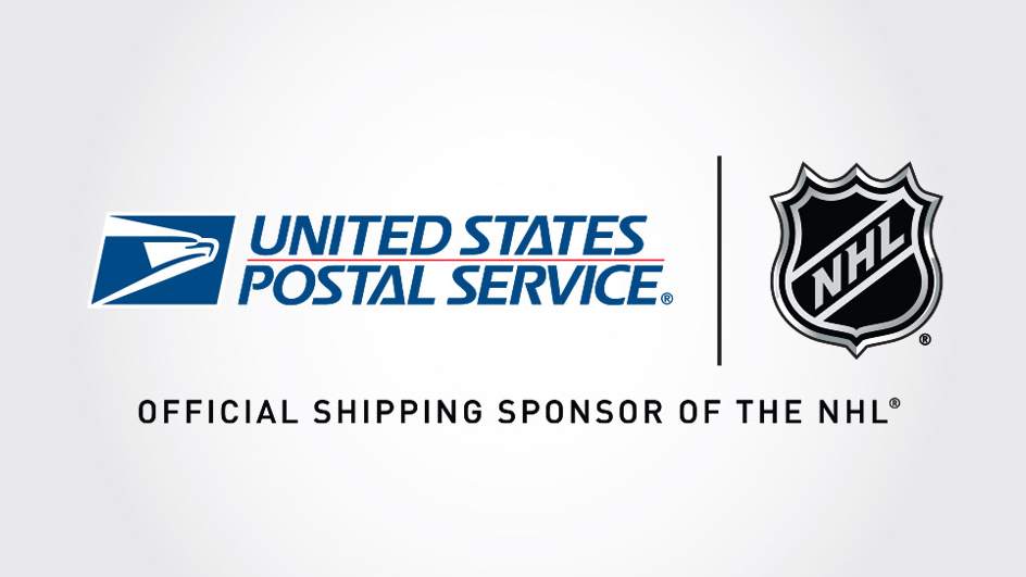 An image of the USPS logo beside the NHL logo with text “Official shipping sponsor of the NHL”