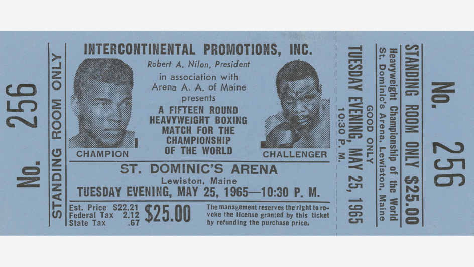 An image of a boxing match ticket printed in black ink on light blue paper showing head and shoulder photos of Muhammed Ali and Sonny Liston, the boxers who would fight on May 25, 1965.