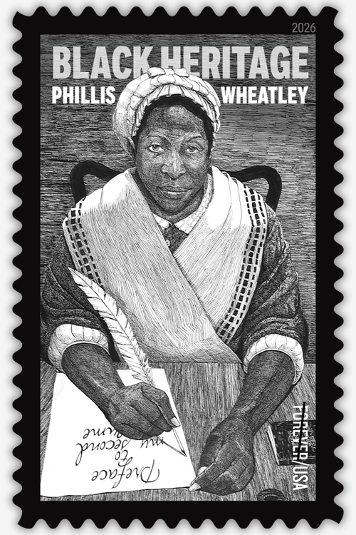 A black-and-white postage stamp that depicts a woman seated at a desk, writing on a piece of paper