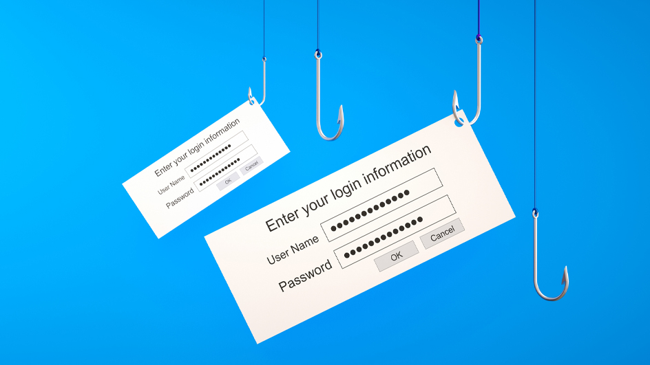 A conceptual image that shows computer login screens hanging from fishing hooks against a blue background