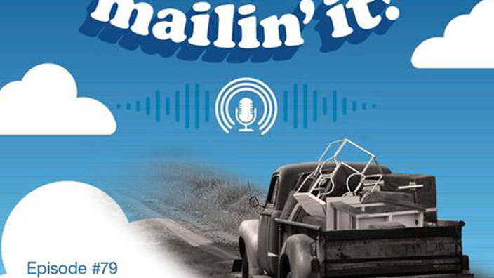 The logo for the USPS podcast displaying the words Mailing It and a black and white image of an old pickup truck carrying a family’s belongings.