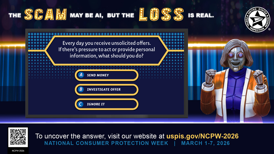 Illustration of a game show-like question-and-answer choice display and a human figure-like robot.