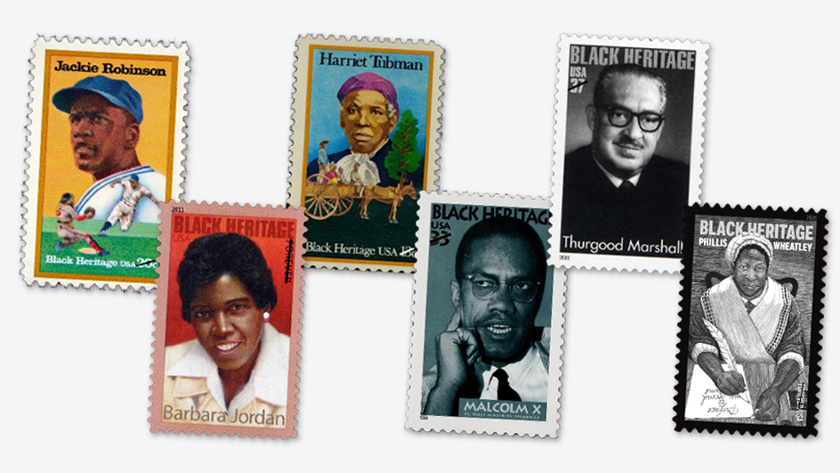 Six images of postage stamps showing prominent African American subjects.
