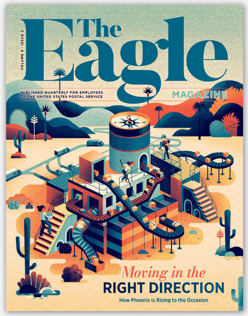 A magazine cover featuring an illustration of postal workers performing various jobs at a regional transfer hub