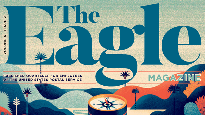 A magazine cover featuring an illustration of postal workers performing various jobs at a regional transfer hub