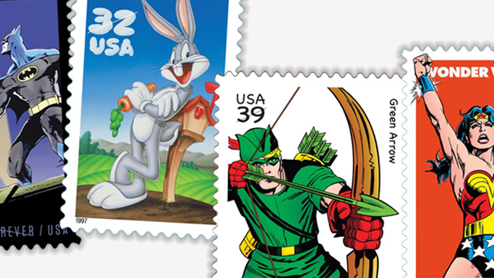 A collage of four postage stamps picturing Bugs Bunny, Batman, Wonder Woman and Green Arrow