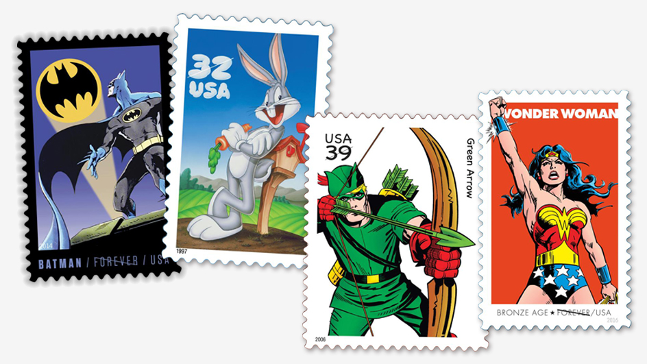 A collage of four postage stamps picturing Bugs Bunny, Batman, Wonder Woman and Green Arrow