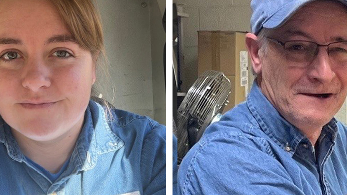 A head-and-shoulders photo of a woman wearing a blue denim shirt next of a head-and-shoulder photo of man wearing a blue denim baseball cap and shirt.