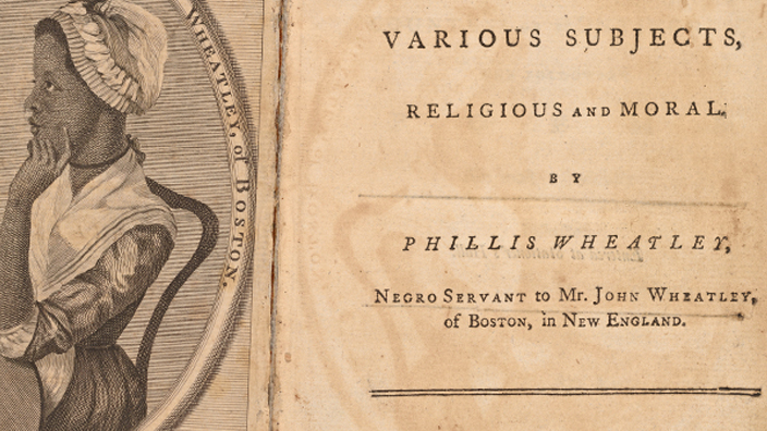 Image of the inside of the book “Poems on Various Subjects, Religious and Moral” with a black-and-white drawing of author Phillis Wheatley on the left side
