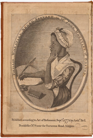 Image of the inside of the book “Poems on Various Subjects, Religious and Moral” with a black-and-white drawing of author Phillis Wheatley on the left side