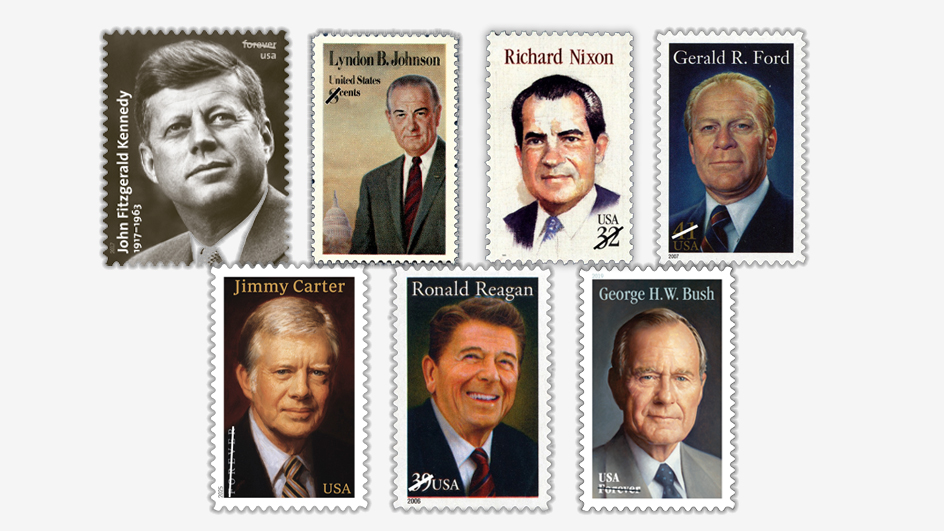 A collage of stamps featuring presidents