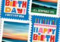 A four-stamp collage of the Happy Birthday and Summer Sunset stamps