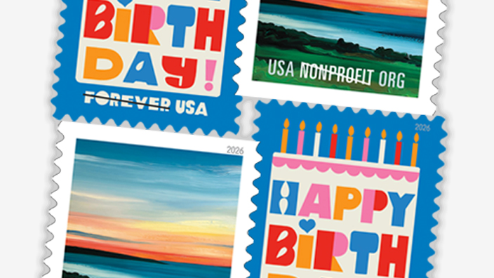 A four-stamp collage of the Happy Birthday and Summer Sunset stamps