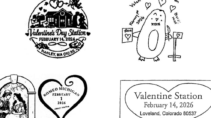 A collage of four Valentine’s Day-themed postmarks