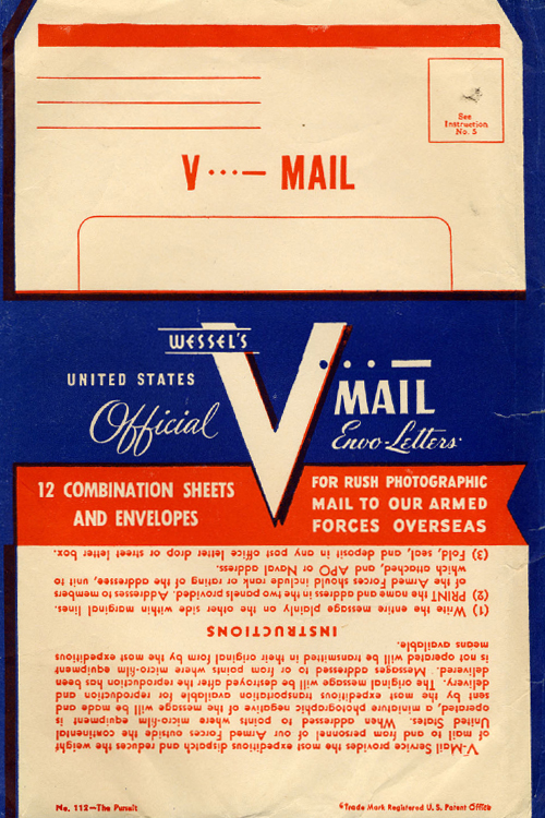 Red-blue-and-off white-colored V-mail sleeve