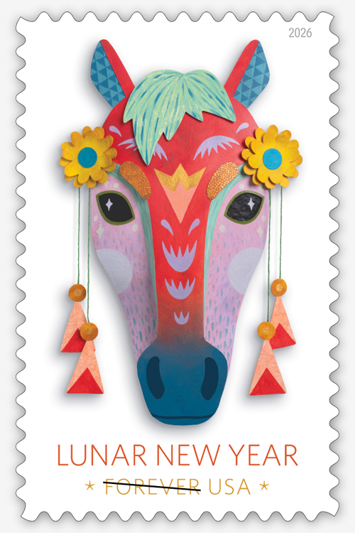 A postage stamp that shows a photo of a horse mask decorated with flowers with gold leaves.