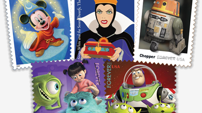 A collage of U.S. postage stamps bearing images of featuring Disney characters Mickey Mouse, Buzz Lightyear, monsters Mike and Sulley, Cruella De Vil and Star Wars droid Chopper
