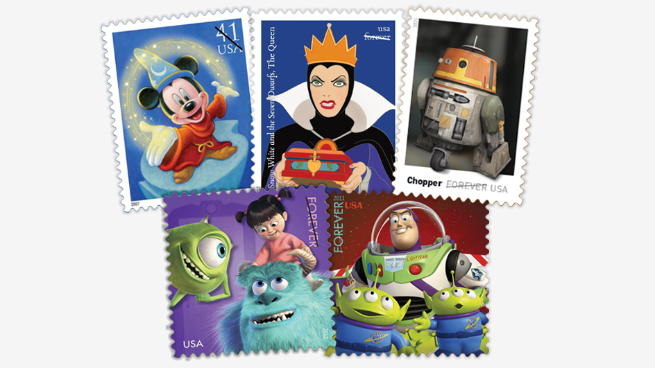 A collage of U.S. postage stamps bearing images of featuring Disney characters Mickey Mouse, Buzz Lightyear, monsters Mike and Sulley, Cruella De Vil and Star Wars droid Chopper
