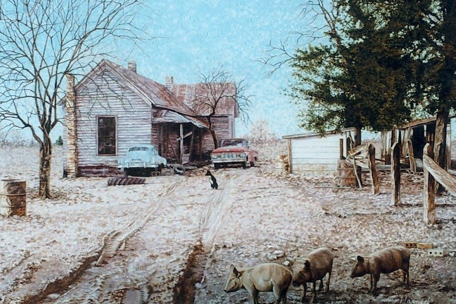 Painting of a rural home with cars and animals in the driveway
