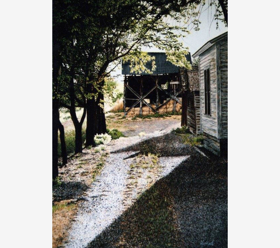 Painting of a rural home and a gravel driveway leading toward a barn frame