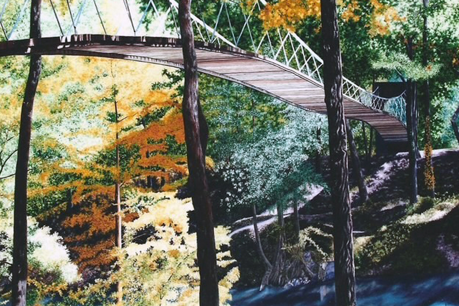 Painting of a wooden bridge in a sunny forest